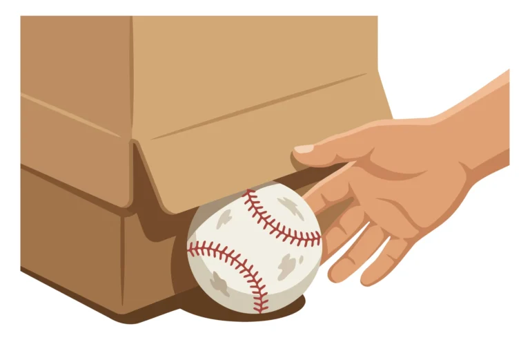 A hand inserts a baseball into an open cardboard box in an illustration