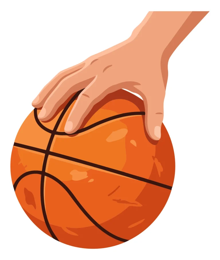 A stylized hand holding a basketball with pentagonal patterns