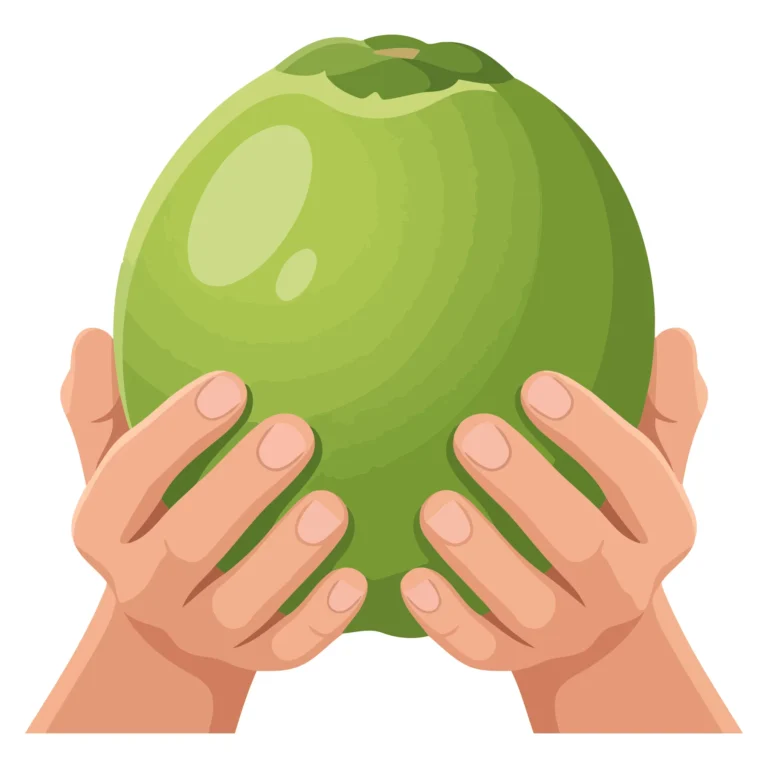 A hand cradling a green fruit with a textured surface