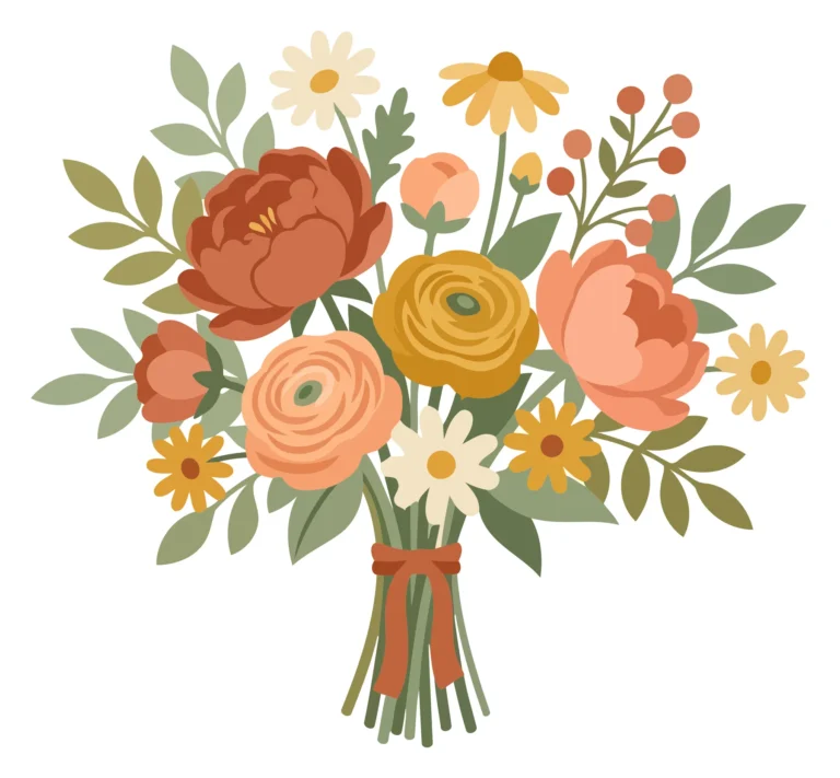 A bouquet of stylized flowers with pastel and warm tones, including roses and greenery in an artistic arrangement