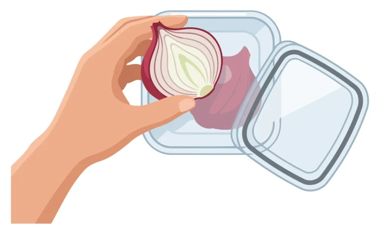 A hand peels an onion inside a transparent container in a flat design illustration