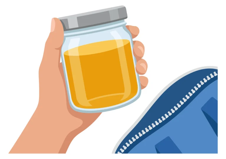 Hand holding a clear jar with yellow liquid and a blue zippered pouch beside it