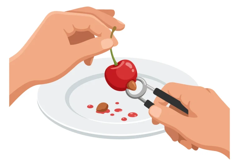 A hand cutting a cherry from a plate with a knife and fork in an illustration style.