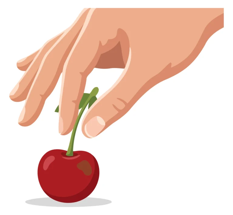 A hand holding a red cherry with a green stem in a simple illustration