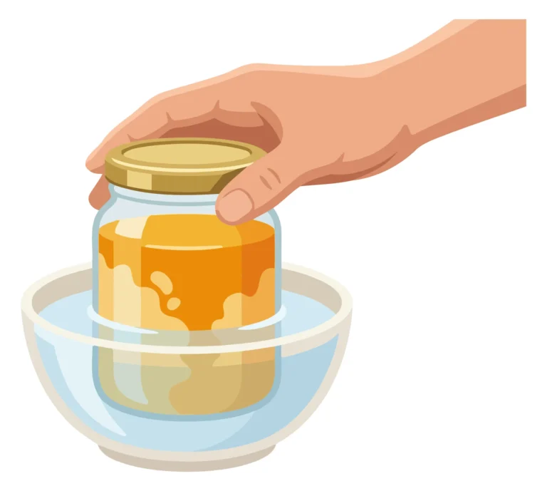 A hand pours honey from a clear glass jar into a bowl in an illustration style.
