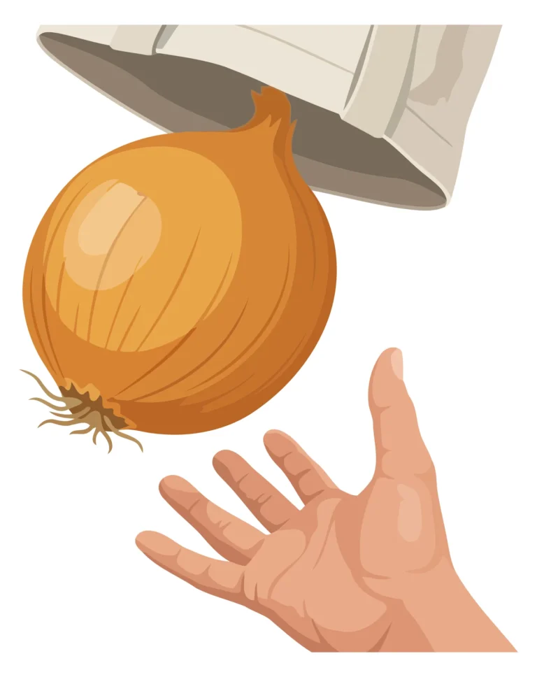 A hand catches a peeled orange onion mid-air in an artistic illustration