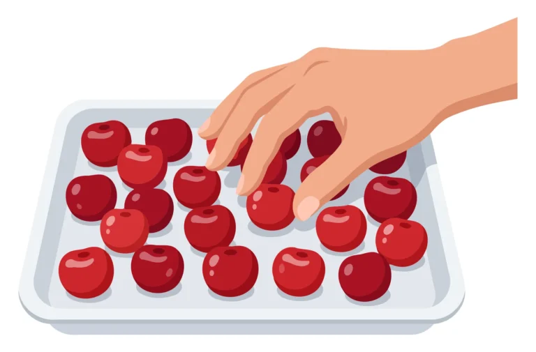 A hand picks a cherry from a tray of cherries in a flat design illustration