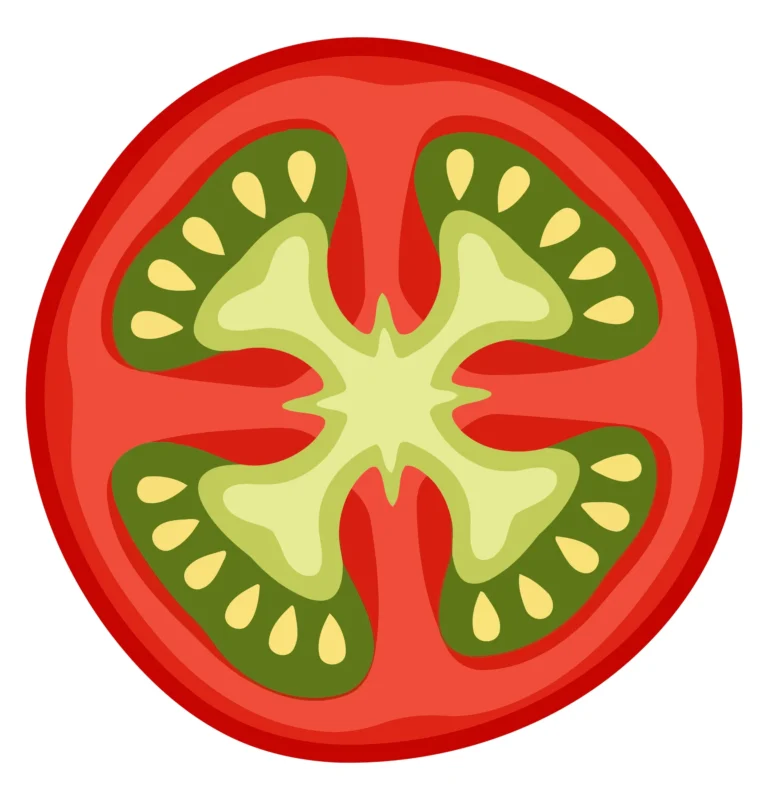 A cut tomato showing its internal green seeds and central core on a red background