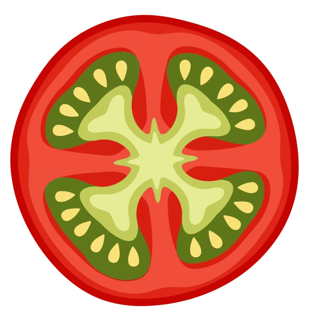 A cut tomato showing its internal green seeds and central core on a red background