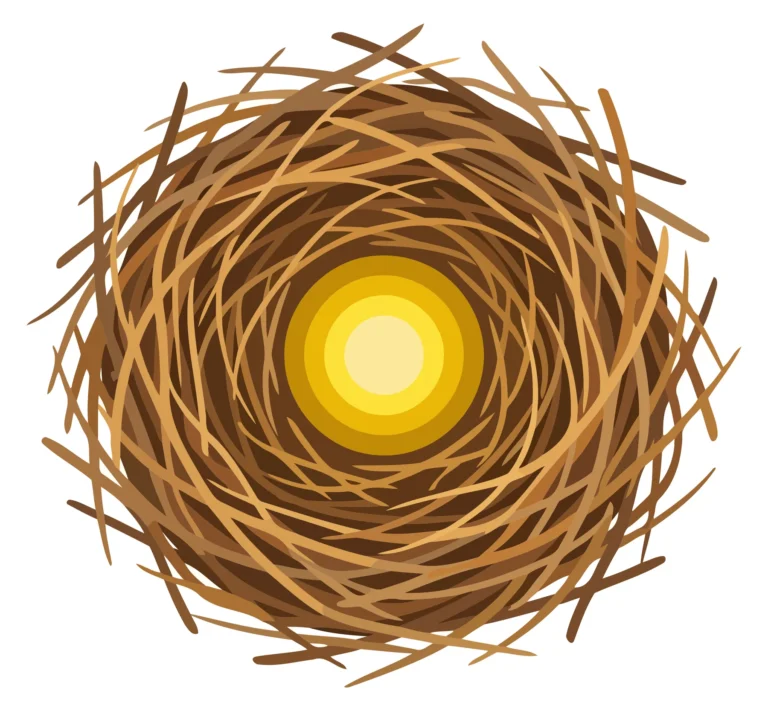 A stylized bird nest with a sunburst at the center made of twigs in an abstract vector illustration