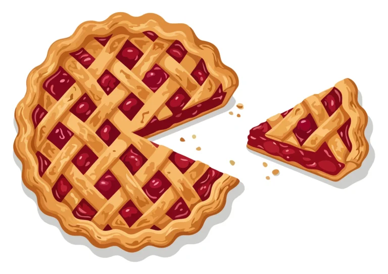 A decorative illustration of a pie with lattice crust and berry filling, showing a slice cut out.