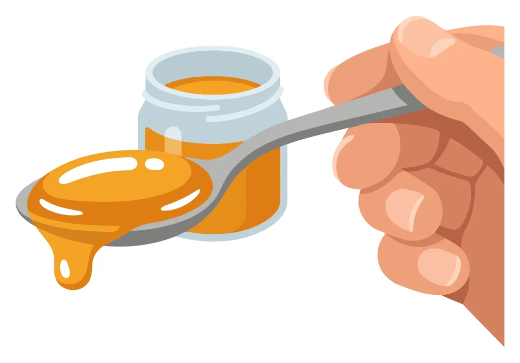 A hand scoops honey from a jar using a spoon in an illustration style
