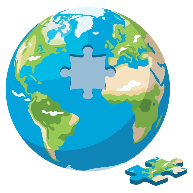 A puzzle piece fitting into a stylized globe illustration