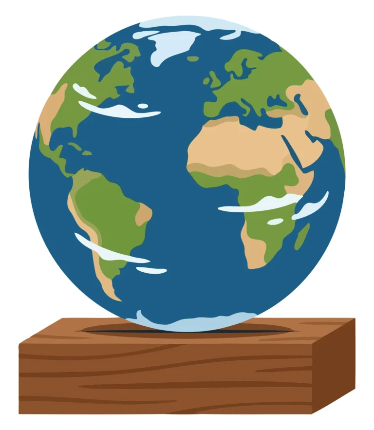 A stylized globe illustration on a wooden block base