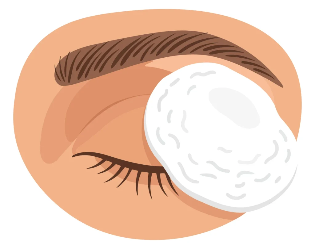 A close-up illustration of an eye with a white eye cream patch applied