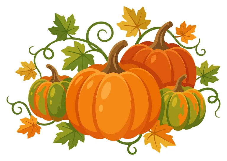 A colorful vector illustration of pumpkins surrounded by autumn leaves