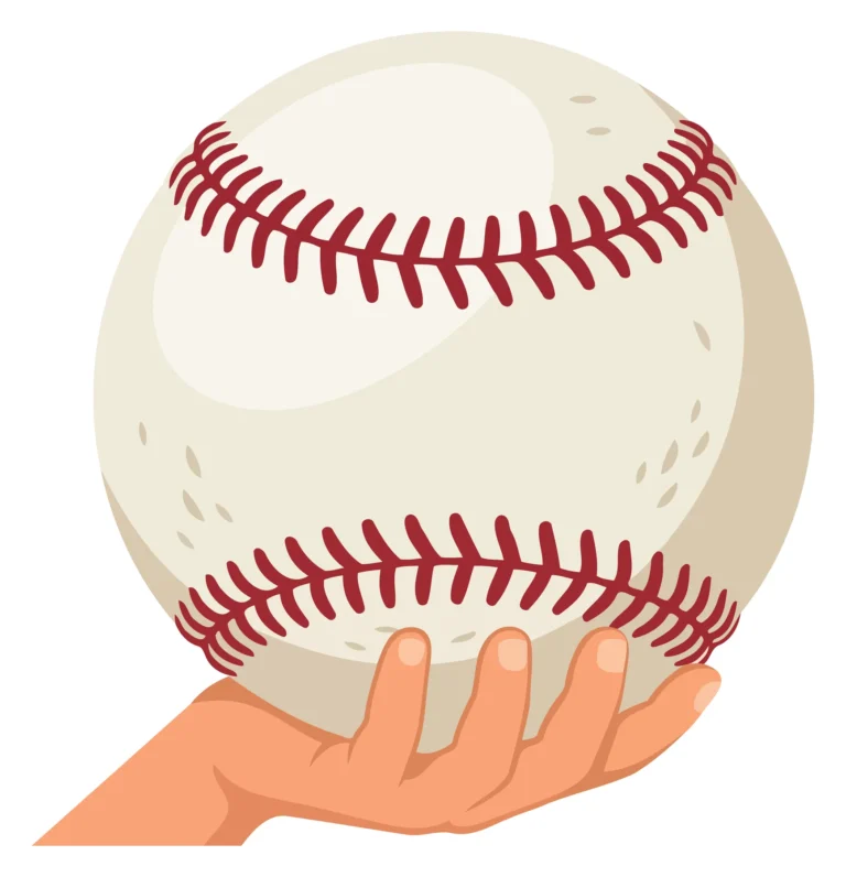 A hand holding a baseball with red stitching in a clean vector illustration