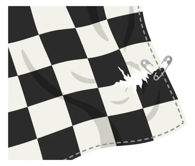 Abstract checkered background with stylized black and white shapes resembling partial figures