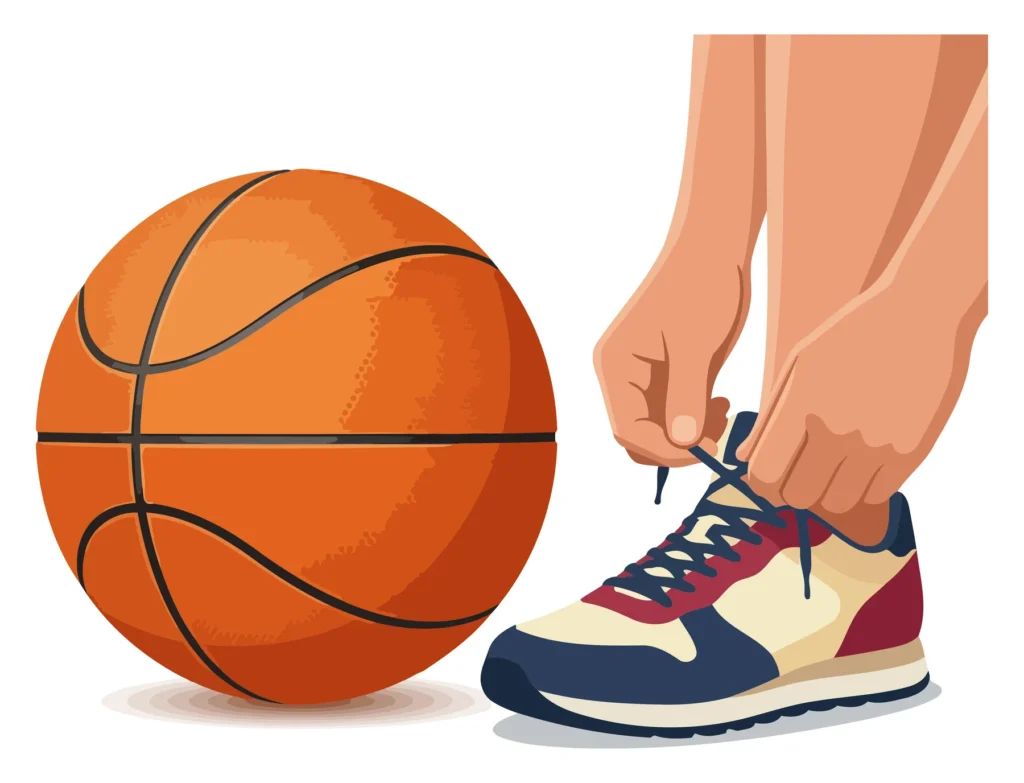 Illustrated person tying basketball shoe next to a basketball A person tying sneaker laces next to a basketball in an illustrated vector design