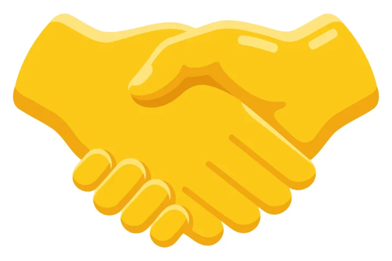 Two hands shaking in a yellow handshake illustration