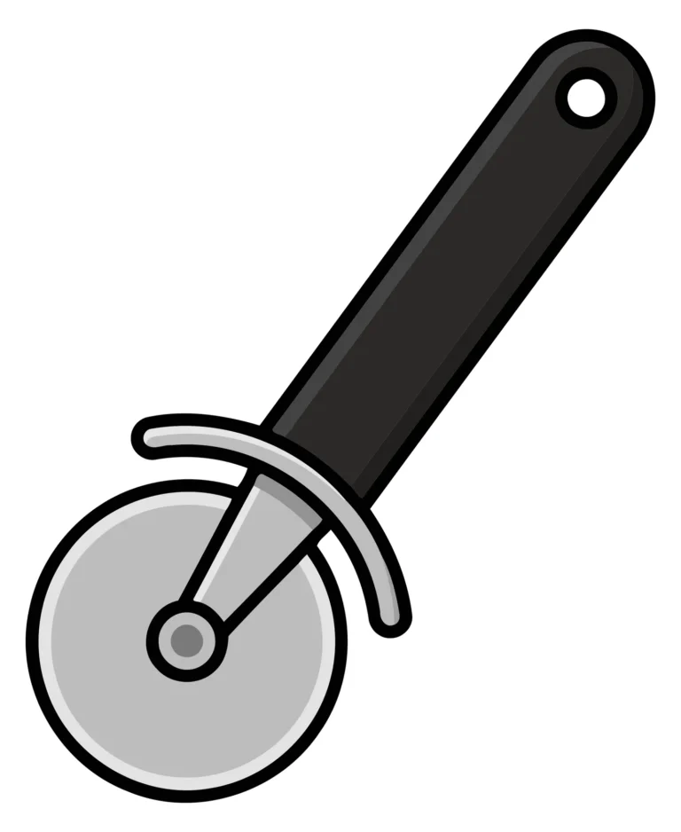 A simple black and grey pizza cutter icon with a handle and circular blade