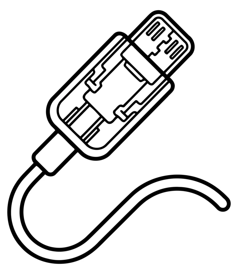 A minimalist black and white vector illustration of a USB Type-C connector and cable