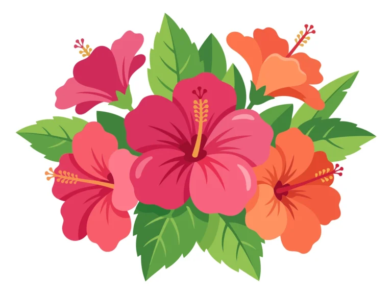 A colorful vector illustration of hibiscus flowers with green leaves in pink and orange tones.
