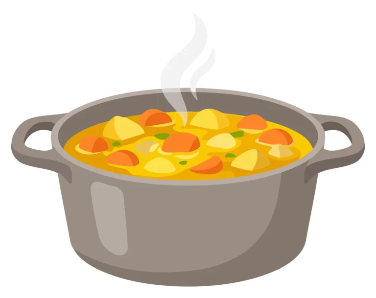 A pot of colorful vegetable stew with steam rising