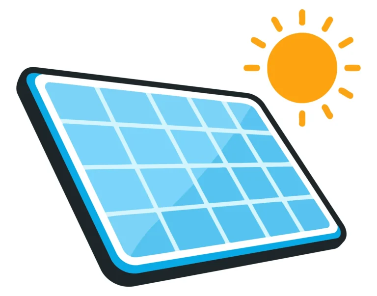 A stylized solar panel with a sun behind it in a flat design vector illustration