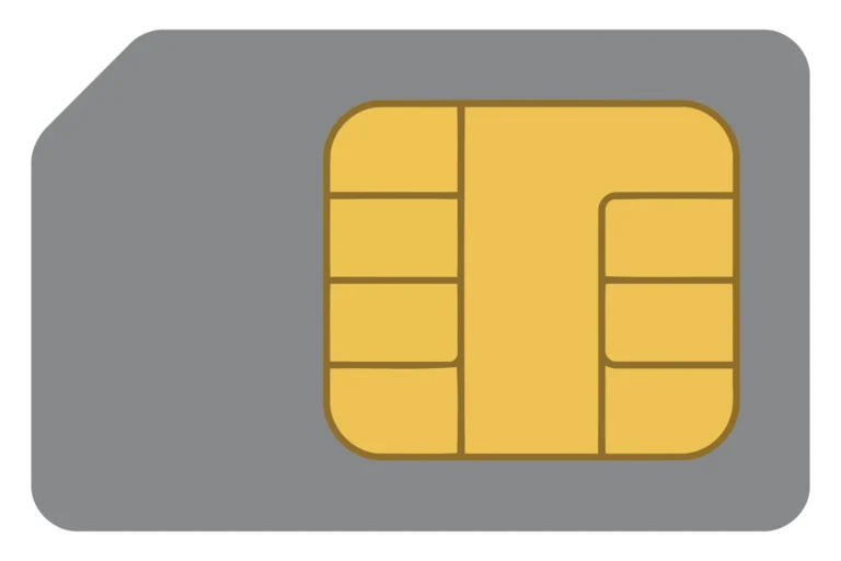 A minimalist yellow SIM card icon on a gray background in a flat design style.