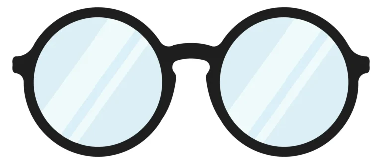 A minimalist illustration of round eyeglasses with blue striped frames