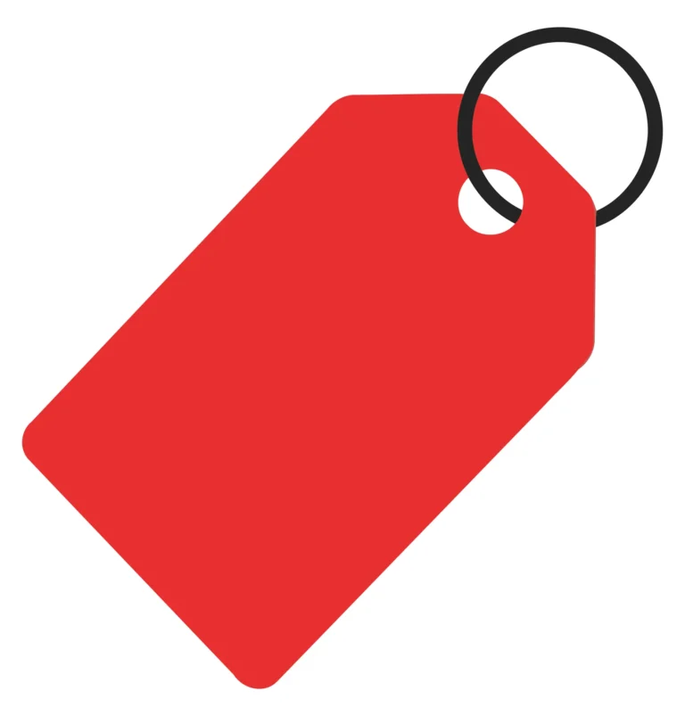 A red price tag with a metal ring loop in a minimalist vector style