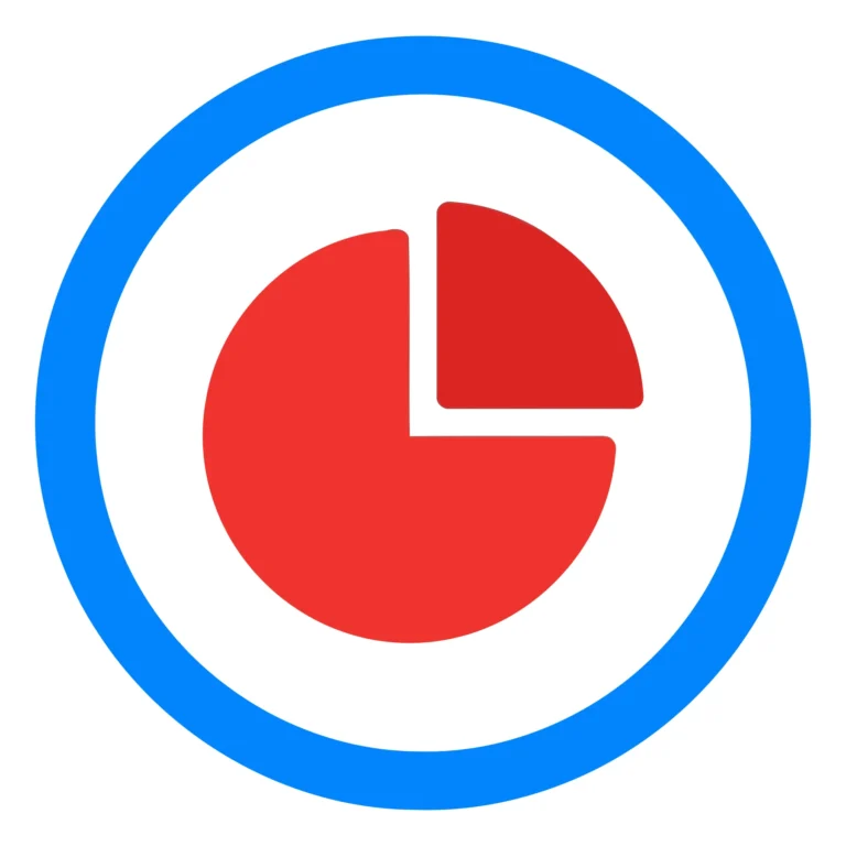 A blue-outlined pie chart with a red segment showing partial data visualization icon