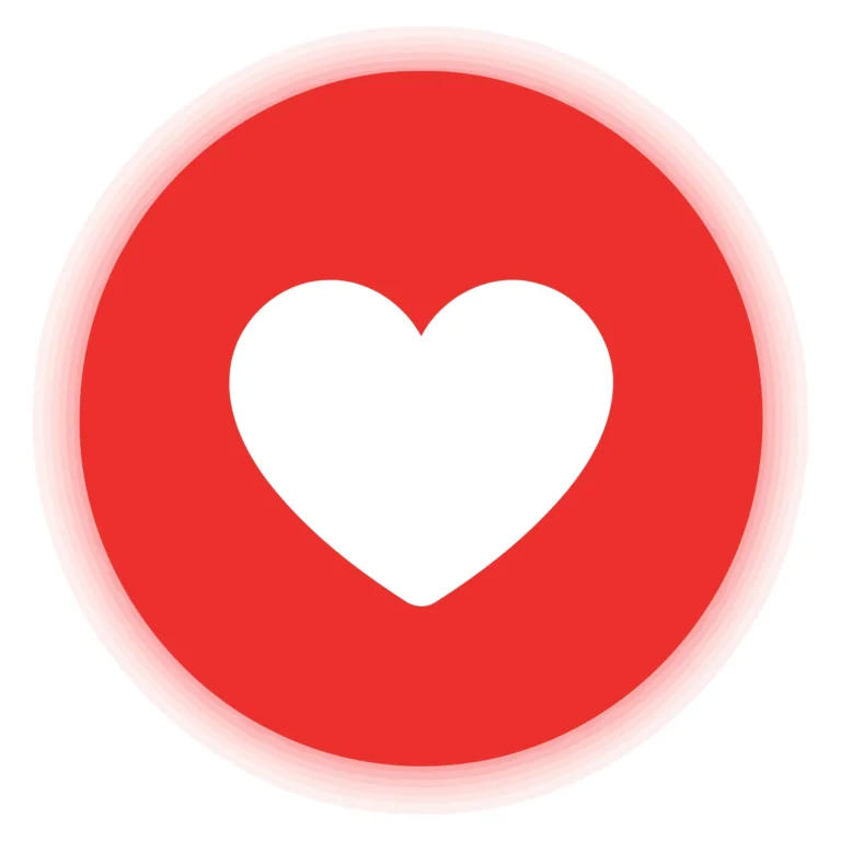 A minimalist heart icon on a red circular background
