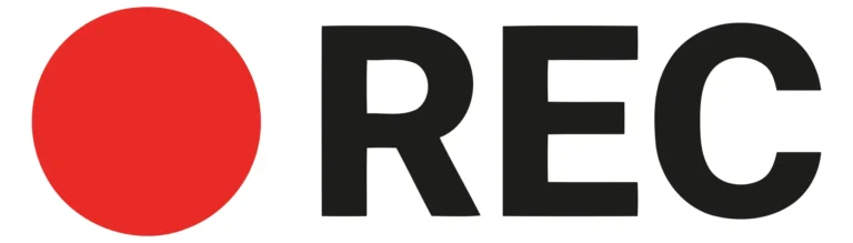 A minimalist red circle logo with black text 'REC' in a modern font style