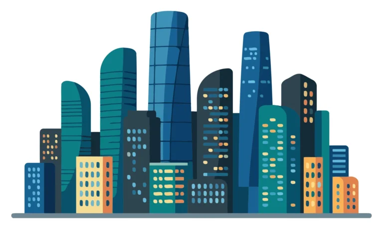 A colorful vector illustration of a city with tall buildings and skyscrapers