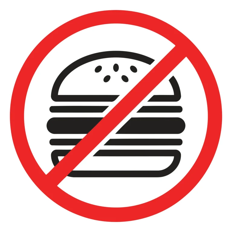 A burger graphic crossed out with a red diagonal line indicating prohibition.