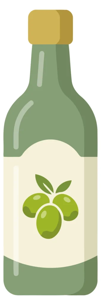 A green olive oil bottle with a gold cap and olive cluster design on the label