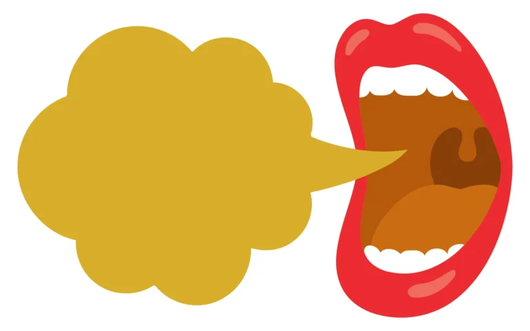 A stylized speech bubble coming out of a mouth icon in an abstract design