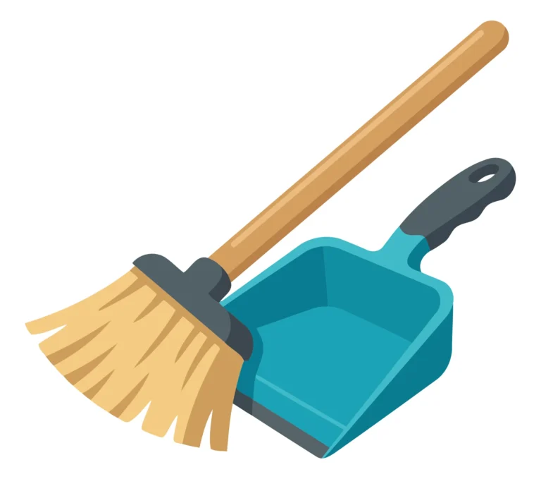 A stylized broom and dustpan set in a clean illustration