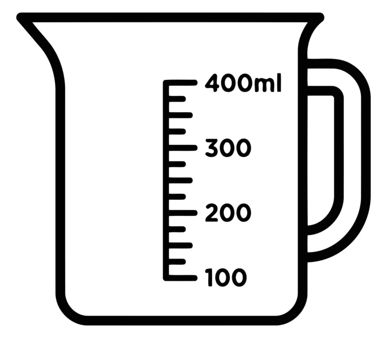A black line vector measuring cup with volume markings from 100ml to 400ml