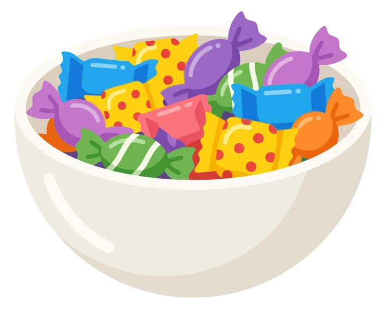 A colorful illustration of a bowl filled with various candies in pastel and bright colors