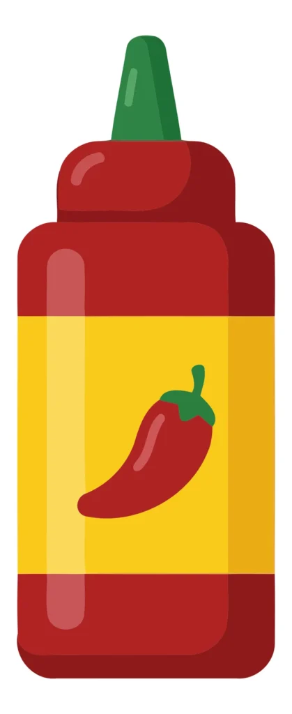 A stylized hot sauce bottle with a chili pepper graphic on the front.