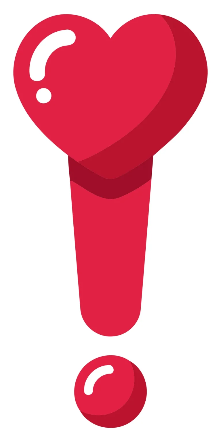 A stylized 3D heart with a question mark integrated in red color