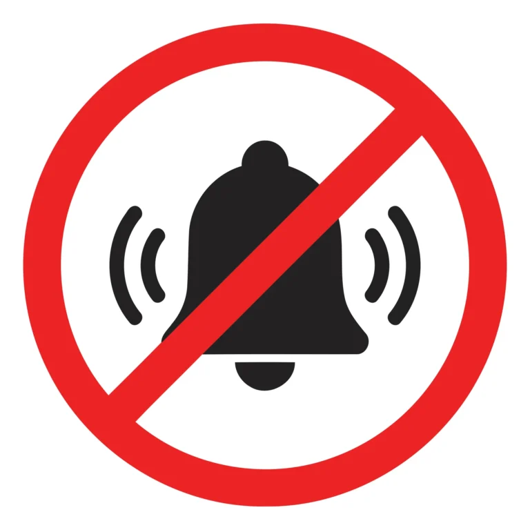 A red crossed-out bell with soundwave symbols indicating prohibition of sound or alarms.