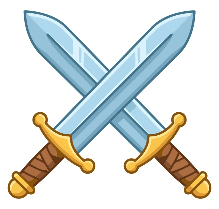 Two crossed swords with blue blades and wooden handles in a stylized illustration