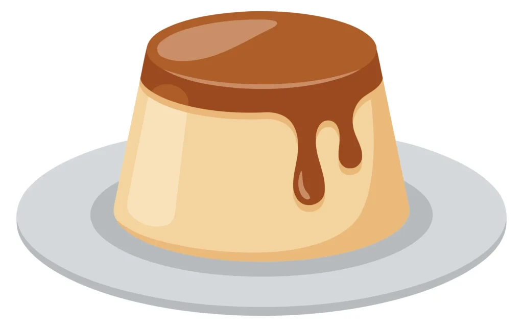 A stylized dessert pudding with chocolate drizzle on a plate