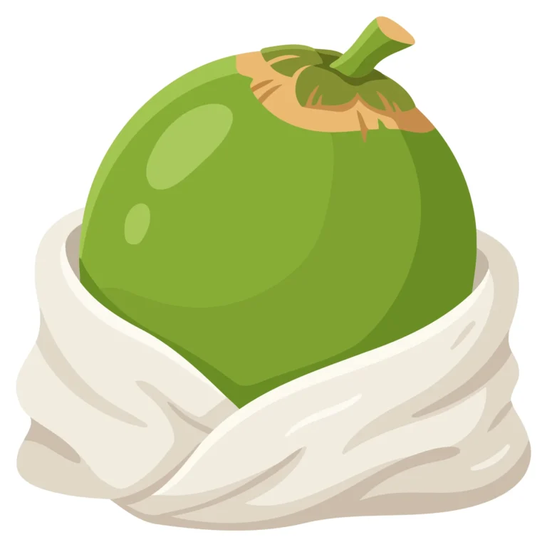 A stylized green papaya fruit wrapped in a cotton-like texture