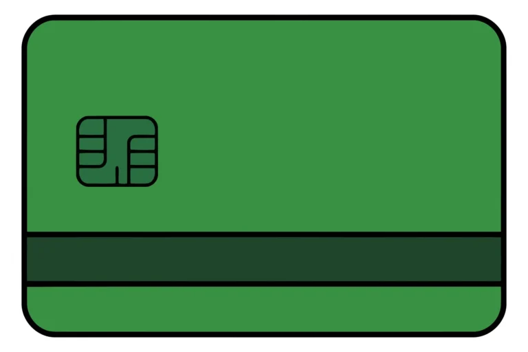 A green vector illustration of a credit card with a magnetic stripe and chip symbol