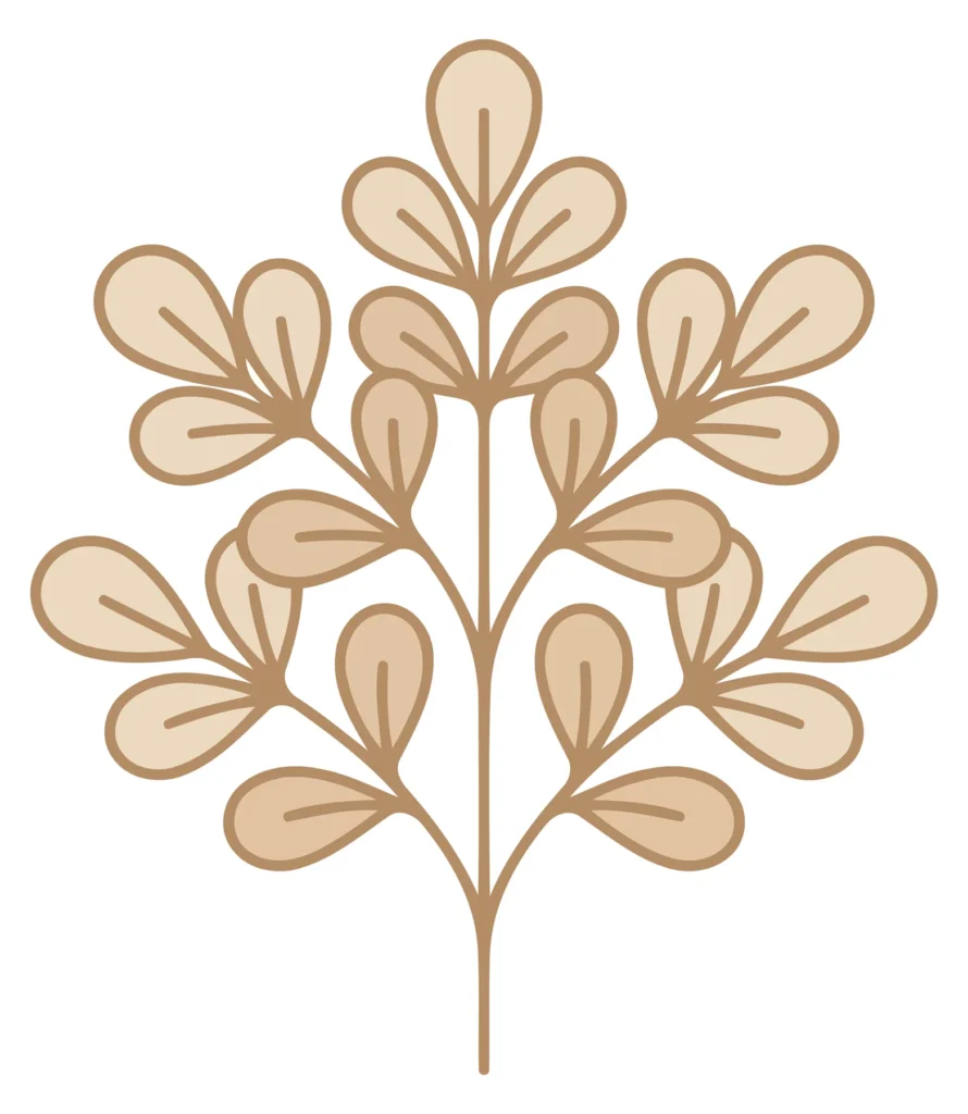 A minimalist vector illustration of a leafy branch with rounded leaves in neutral tones
